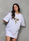 Unisex Bisiklet Yaka Baskılı Oversize T-Shirt - Beyaz