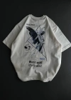 Unisex Bisiklet Yaka Baskılı Oversize T-Shirt - Beyaz