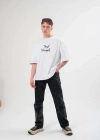 Unisex Bisiklet Yaka Baskılı Oversize T-Shirt - Beyaz