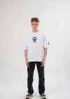 Unisex Bisiklet Yaka Baskılı Oversize T-Shirt - Beyaz