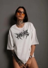 Unisex Bisiklet Yaka Baskılı Oversize T-Shirt - Beyaz