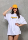 Unisex Bisiklet Yaka Baskılı Oversize T-Shirt - Beyaz