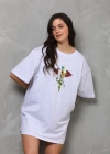 Unisex Bisiklet Yaka Baskılı Oversize T-Shirt - Beyaz