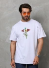 Unisex Bisiklet Yaka Baskılı Oversize T-Shirt - Beyaz