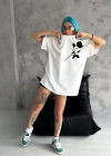 Unisex Bisiklet Yaka Baskılı Oversize T-Shirt - Beyaz