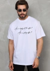 Unisex Bisiklet Yaka Baskılı Oversize T-Shirt - Beyaz
