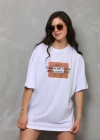 Unisex Bisiklet Yaka Baskılı Oversize T-Shirt - Beyaz