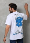 Unisex Bisiklet Yaka Baskılı Oversize T-Shirt - Beyaz