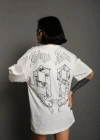 Unisex Bisiklet Yaka Baskılı Oversize T-Shirt - Beyaz