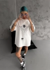 Unisex Bisiklet Yaka Baskılı Oversize T-Shirt - Beyaz