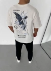 Unisex Bisiklet Yaka Baskılı Oversize T-Shirt - Beyaz