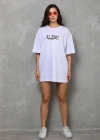 Unisex Bisiklet Yaka Baskılı Oversize T-Shirt - Beyaz