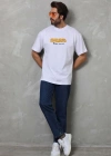 Unisex Bisiklet Yaka Baskılı Oversize T-Shirt - Beyaz