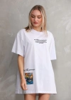 Unisex Bisiklet Yaka Baskılı Oversize T-Shirt - Beyaz