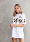 Unisex Bisiklet Yaka Baskılı Oversize T-Shirt - Beyaz