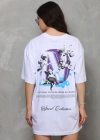 Unisex Bisiklet Yaka Baskılı Oversize T-Shirt - Beyaz