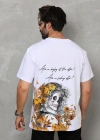 Unisex Bisiklet Yaka Baskılı Oversize T-Shirt - Beyaz