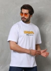 Unisex Bisiklet Yaka Baskılı Oversize T-Shirt - Beyaz