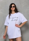 Unisex Bisiklet Yaka Baskılı Oversize T-Shirt - Beyaz