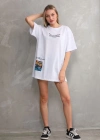 Unisex Bisiklet Yaka Baskılı Oversize T-Shirt - Beyaz