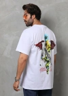 Unisex Bisiklet Yaka Baskılı Oversize T-Shirt - Beyaz
