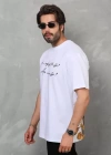 Unisex Bisiklet Yaka Baskılı Oversize T-Shirt - Beyaz