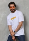 Unisex Bisiklet Yaka Baskılı Oversize T-Shirt - Beyaz