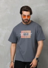 Unisex Bisiklet Yaka Baskılı Oversize T-Shirt - Füme