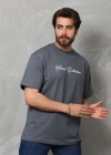 Unisex Bisiklet Yaka Baskılı Oversize T-Shirt - Füme
