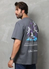 Unisex Bisiklet Yaka Baskılı Oversize T-Shirt - Füme