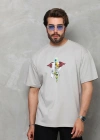 Unisex Bisiklet Yaka Baskılı Oversize T-Shirt - Gri
