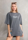 Unisex Bisiklet Yaka Baskılı Oversize T-Shirt - Gri