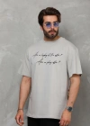 Unisex Bisiklet Yaka Baskılı Oversize T-Shirt - Gri