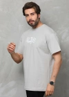 Unisex Bisiklet Yaka Baskılı Oversize T-Shirt - Gri
