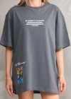 Unisex Bisiklet Yaka Baskılı Oversize T-Shirt - Gri