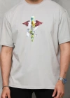 Unisex Bisiklet Yaka Baskılı Oversize T-Shirt - Gri