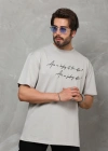 Unisex Bisiklet Yaka Baskılı Oversize T-Shirt - Gri