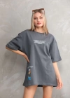 Unisex Bisiklet Yaka Baskılı Oversize T-Shirt - Gri