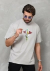 Unisex Bisiklet Yaka Baskılı Oversize T-Shirt - Gri