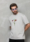 Unisex Bisiklet Yaka Baskılı Oversize T-Shirt - Gri