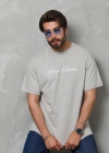 Unisex Bisiklet Yaka Baskılı Oversize T-Shirt - Gri