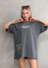 Unisex Bisiklet Yaka Baskılı Oversize T-Shirt - Gri