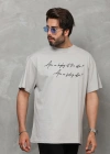Unisex Bisiklet Yaka Baskılı Oversize T-Shirt - Gri