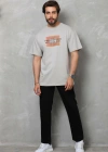 Unisex Bisiklet Yaka Baskılı Oversize T-Shirt - Gri
