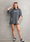 Unisex Bisiklet Yaka Baskılı Oversize T-Shirt - Gri