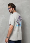 Unisex Bisiklet Yaka Baskılı Oversize T-Shirt - Gri