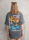 Unisex Bisiklet Yaka Baskılı Oversize T-Shirt - Gri