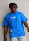 Unisex Bisiklet Yaka Baskılı Oversize T-Shirt - Mavi