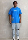 Unisex Bisiklet Yaka Baskılı Oversize T-Shirt - Mavi
