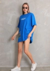 Unisex Bisiklet Yaka Baskılı Oversize T-Shirt - Mavi